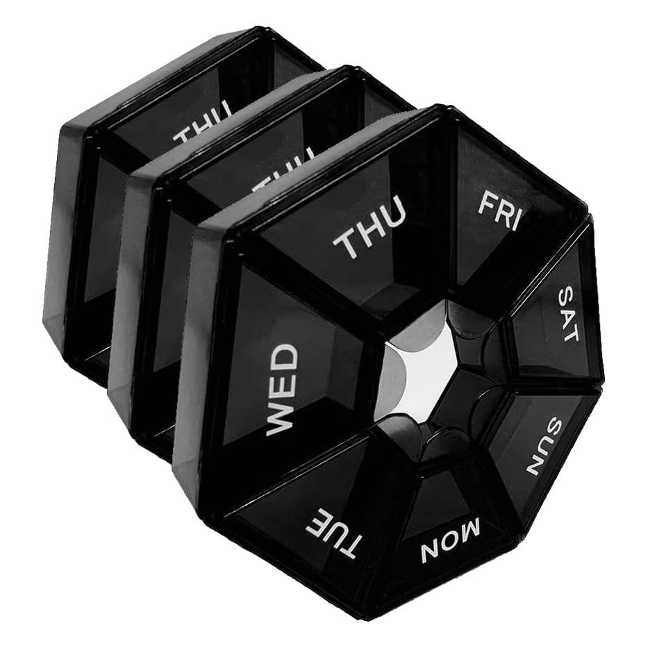 Image of Black Daily Pill Case - 7 Day Travel Pill Organizer with 1 Time a Day Compartments (Pack of 3)