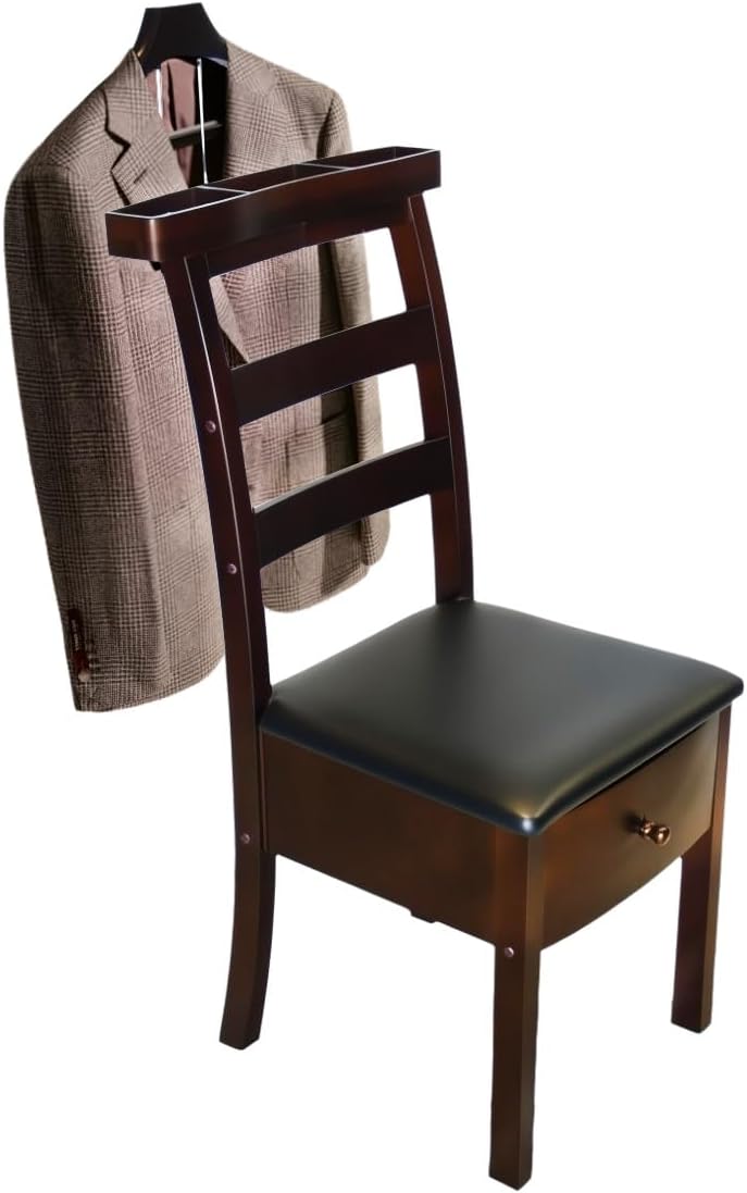 Wood Chair Valet Stand With Hanger Trouser Bar, Top Storage Tray Wardrobe, Clothing Rack Chair Valet With Cushion Wardrobe Men Women Standing Suit Valet for Hotel, Commercial(Dark Brown)