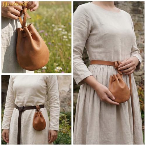 Image of Mythrojan Small Trinket Pouches Suede Leather Drawstring Coin & Dice Bags for LARP, SCA, Viking & Medieval Events (Brown- Single)