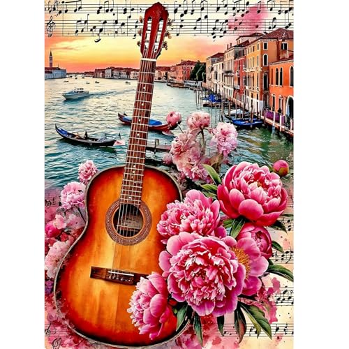 Image of AiYuanzsh 5D Diamond Painting Kits for Adults, Venice Sunset Guitar Diamond Art Kits for Adults Beginners, Peony Blooming DIY Full Drill Diamond Dot Gem Painting for Home Wall Decor 12x16 inch