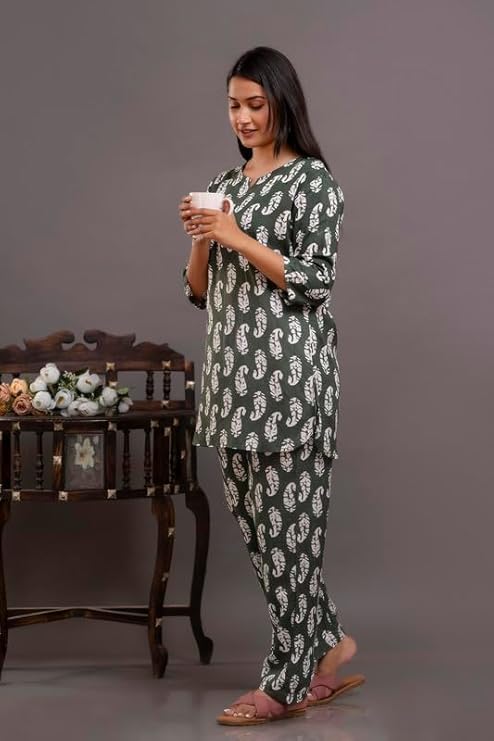 Image of Pure Cotton Printed Night Suit Set | Top Pyjama Set for Women | Night Dress of Kurta Pyjama Set for Women | Kurta Top Set