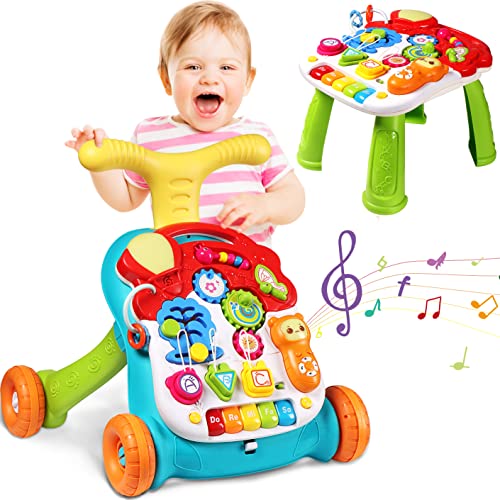 3 in 1 Sit to Stand Walker, Baby Push Walker with Musical Play Table, Speed & Height Adjustable Learning Walker for Baby, Early Education Activity Center with Lights & Sounds for 9-12 Month Old