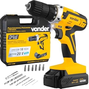 Parafusadeira Furadeira 20V Vonder PFV 238 18 Posições de Torque LED Bateria Carregador e Acessórios