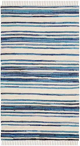 Safavieh Rag Rug Collection RAR126B Hand Woven Ivory and Blue Cotton Area Rug