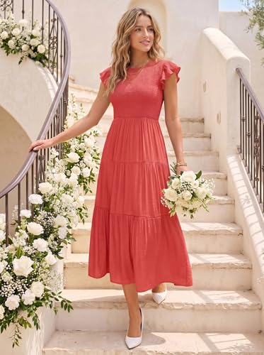 Image of ZESICA Women's 2026 Summer Casual Flutter Short Sleeve Smocked Midi Dress