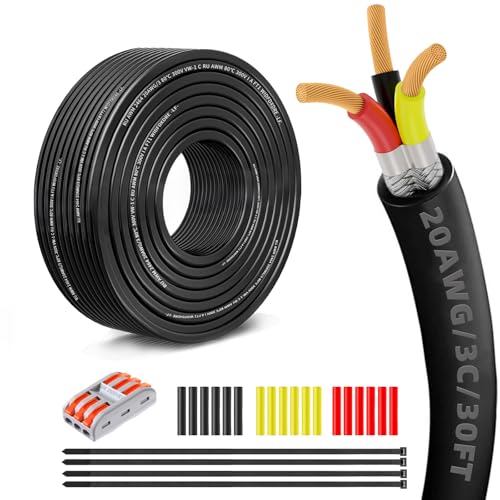 20 Gauge 100% Pure Copper 3 Conductor Flexible Shielded Wire 30FT, UL2464 20AWG 3 Core EMI/RFI Shielding Shielded Cable for Automotive, 3D Printer,CNC VFD Spindle, Stepper Motor, Sound, Speaker