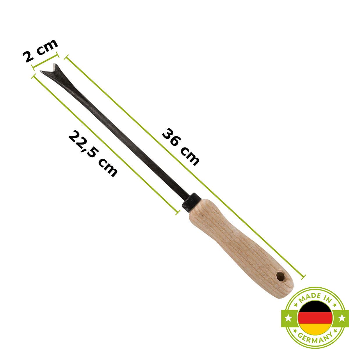 Unkrautstecher mit Eschenholzstiel - aus Qualitätsstahl - Stiellänge: 14 cm, Gewicht: 200 g - Handgeschmiedet in Deutschland