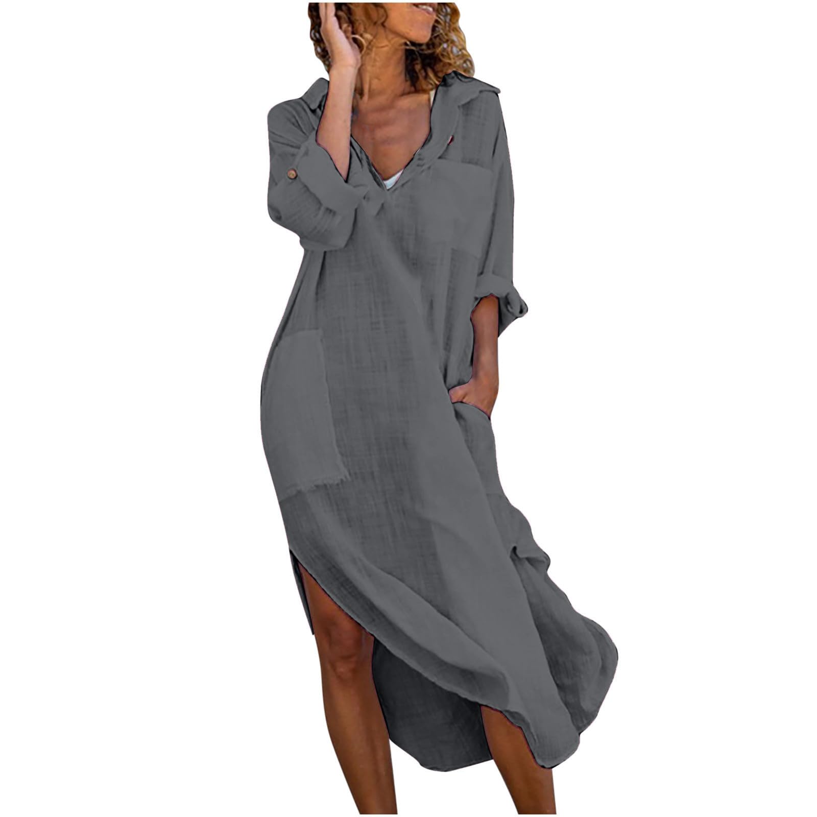 Generic Vestidos de manga larga para mujer, cuello alto, lino, playa, hawaiano, tropical, básico, verano, otoño, 2024