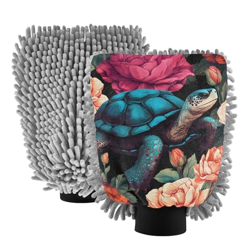 IOACIY Absorbent Microfiber Car Wash Drying Mitts, 2 Pack, Scratch-Free & Lint-Free, Rich Foam, Highly Absorbent, Double Sided, Wash Mitt Perfect for Car Washing, M, Illustration Turtle (2)