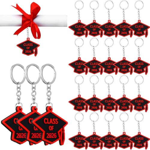 WILLBOND 20 Pieces Class of 2025 Graduation Keychains Rubber Key Chains Grad Cap(Black and Red)