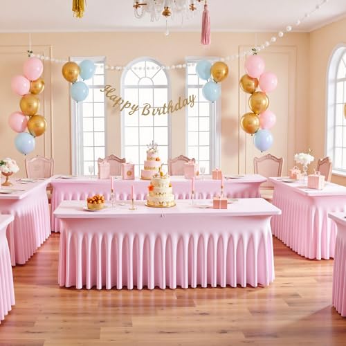 Image of NSSONBEN 6 pk Baby Pink Spandex Tablecloth 6ft with Ruffle Table Skirt, Wrinkle Free Stretchy Fitted Tablecloths for 6 Foot Rectangle Tables, Elastic Spandex Table Covers for Weddings Parties Banquet