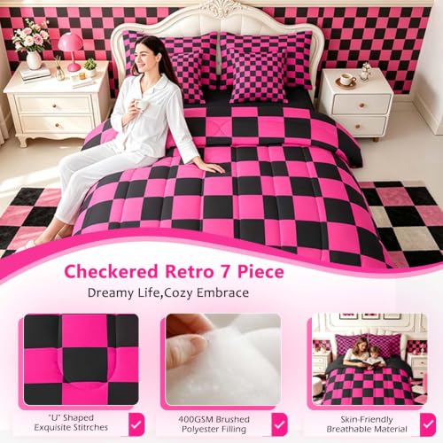 Image of Feelyou Checkered 7 Piece Bedding Set Teen Dark Red Black Plaid Comforter Set with Sheets Twin Size Kids Boys Cute Retro Neutral Checkerboard Geometric Bed in a Bag Vintage Aesthetic Room Decor