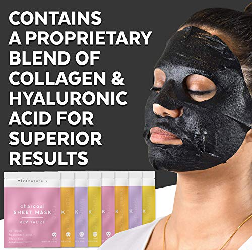 Face-Masks-Skincare-Facial-Mask-with-Collagen-Hyaluronic-Acid-for-Glowing-Skin-Dermatologist-Tested-Charcoal-Face-Mask-for-Moisturizing-Brightening-8-Sheet-Masks Viva Naturals Charcoal Face Mask Set (8 Pack) - Collagen & Hyaluronic Acid Face Mask for Skin Care - Moisturize and Brighten with 4 Varieties of Facial Sheet Mask