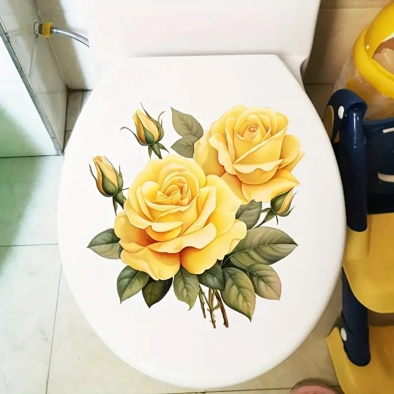 Yellow Rose Flower Butterfly Toilet Cover Sticker Decals,Spring Flower Leaf Butterfly Waterproof Toilet Lid Tank Seat Decals Cistern Self-Adhesive Bathroom Wall Sticker