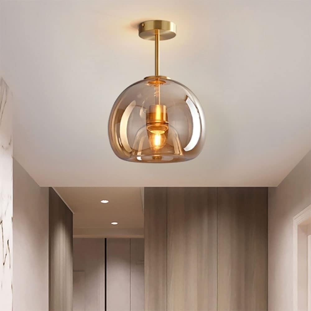 TONFON Nordic E27 Ceiling Light Post-Modern All-Copper Glass Ceiling Lamp Simple Creative Aisle Ceiling Light Fixture for Living Room Bedroom Dining Room Kitchen Hallway Entry Foyer(Amber-L)