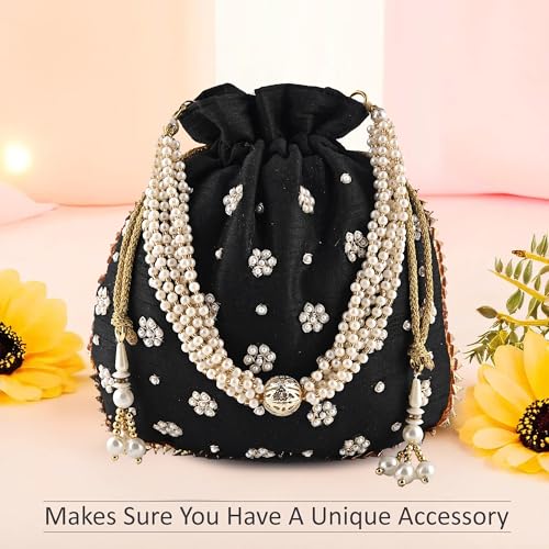 Image of Kuber Industries Potli Bags for Ladies & Girls | Women Shagun Pouches for Festive Seasons | Batwa Bag Bridal Purse With Moti Design - Black