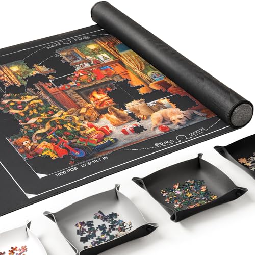 ROPODA Puzzlematte rutschfeste Puzzle Matte mit Sortierfächern Puzzelmatten für Puzzle bis 1500 Tragbare Puzzle Matte Roll mit Aufbewahrungstasche Puzzle-Sparer für Erwachsene und Kinder Schwarz