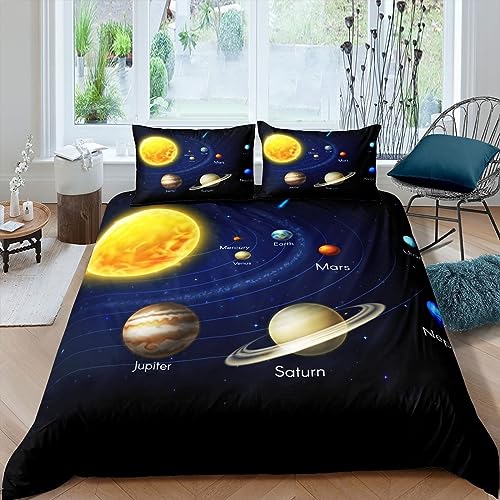 Planètes Housse de Couette 200x200cm Galaxy Space housse de couette pour Enfants Garçons et Filles Cosmic Ensemble de Literie Education Planet Orbit Decoration Parure...