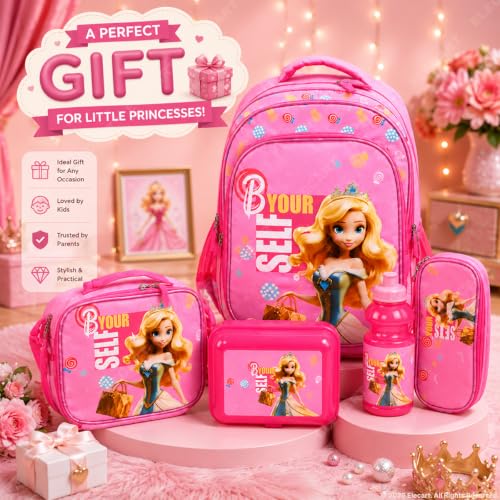 Image of Combo Set for Girls - 5 in 1 Back to School Hamper with Backpack, Lunch Bag, Tiffin Box, Water Bottle & Pencil Pouch - Complete School Essentials Gift Set for Kids (Pink Bag)