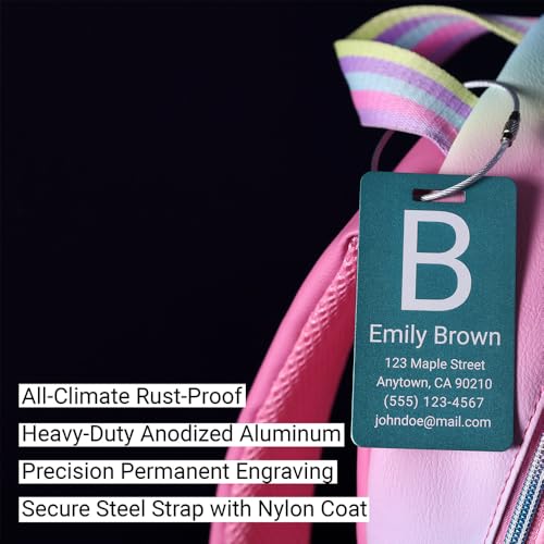 Personalized Luggage Tags for Suitcases 4 Pack – Custom Metal Name Tag for Travel, Golf Bag, and Baggage – Durable Aluminum Luggage Name Tags (Copper Sunset, Vertical)4