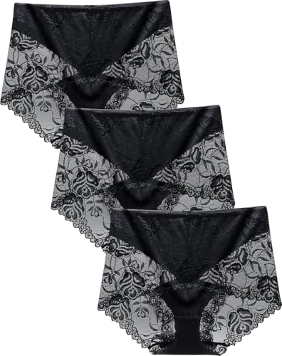 BLKDOTS Women's High Waist Hipster Briefs Seamless Panties Soft Lace Underwear Breathable Underpants, Black 3 Pack, XXL