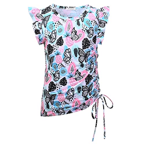 Image of Perfashion Girls Flutter /Long Sleeve Cotton T-Shirts Side Drawstring Tunic Blouse Round Neck Casual Tops for 4-13Years