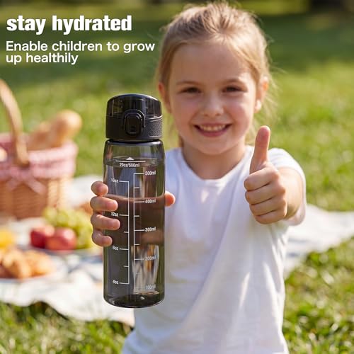 Image of GOPPUS 20oz Kids Water Bottle with Time Marker & Handle, Tritan BPA-Free, Reusable Leakproof Anti-Dust Everyday, Clear Kids Water Bottles For School,Car Travel, Gifts Boys Girls(Black)