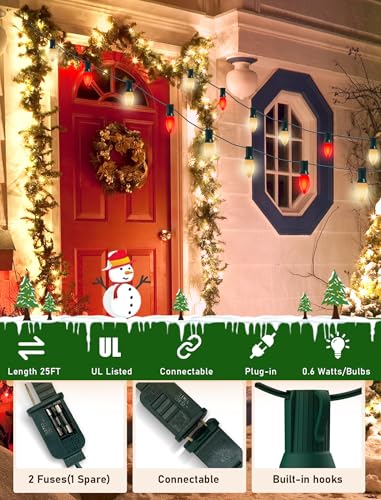 Image of 25Ft LED C9 Red and White Christmas Lights Outdoor, C9 Vintage Christmas Lights with 26 LED Red and White Bulbs, Hanging Outdoor String Lights for Patio Outside Holidays Party Xmas Roofline Wedding