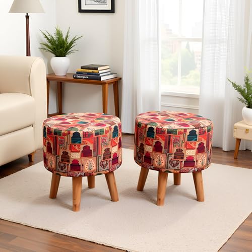Image of NACIA Printed Ottoman Stools for Home Printed Ottoman Stool Set of 2 Bench for Living Room for Sitting Wooden Round Foot Rest Pouf for Home Decoration Pouffes for Dressing Table 16 inchx18 inch Beige Drbr