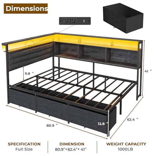 Image of OURPIC Full Size Bed Frame with Headboard and Storage Drawers, Full Metal Platform Corner Bed Frame with Charging Station and LED Lights, Heavy Duty Strong Support Slats and Easy to Assemble, Gray