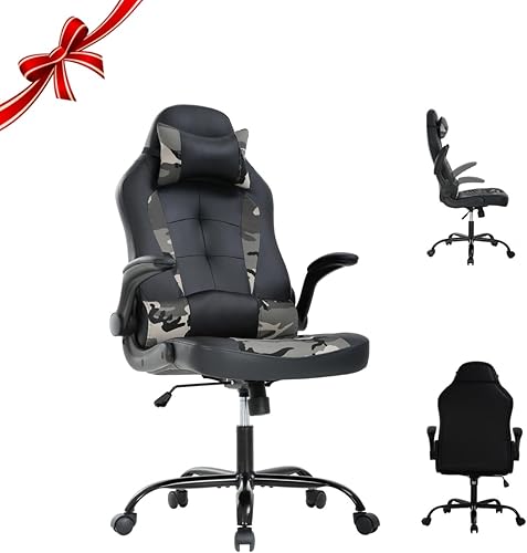 Miniatura 11 de Sillas de juegos para adultos, silla giratoria de piel sintética, ajustable, con soporte lumbar, reposabrazos abatibles, reposacabezas para adultos,