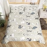 Cute Cats Duvet Cover Queen Size Kawaii Animals Comforter Cover with 2 Pillowcase for Teens Adults Kids Cat Pattern Bedding Set Gray White Beige Breathable 3 Pieces Decorative Bed Cover(No Comforter)