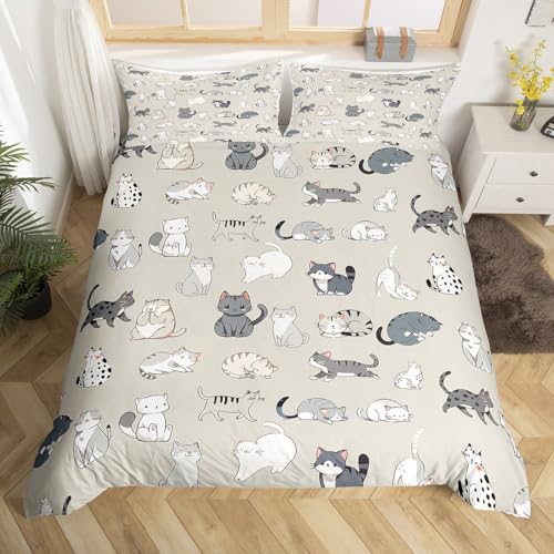 Cute Cats Duvet Cover Set Queen Size with 2 Pillowcases