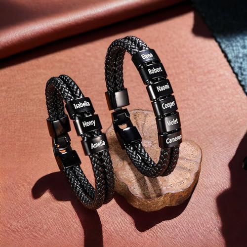 Personalized Fathers Bracelet with Names Custom Name Engraved Mens Braided Leather Bracelets for Men Christmas Birthday Gifts for Dad Husband Grandpa Boyfriend4