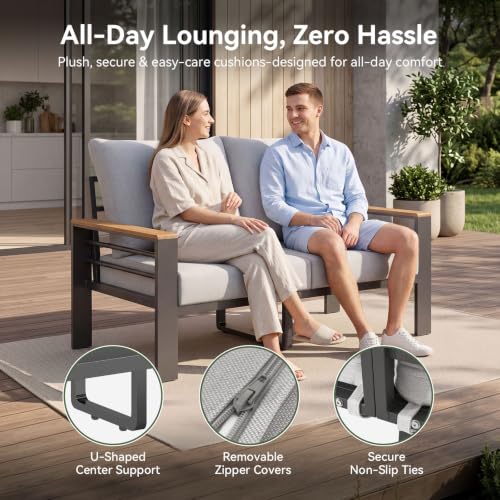 Image of Aoxun Patio Furniture Set, 4 Piece Aluminum Patio Sets with 5 inch Thicken & Washable Cushion, Waterproof Outdoor Furniture with Coffee Table, Outdoor Couch Sectional for Backyard, Porch and Garden