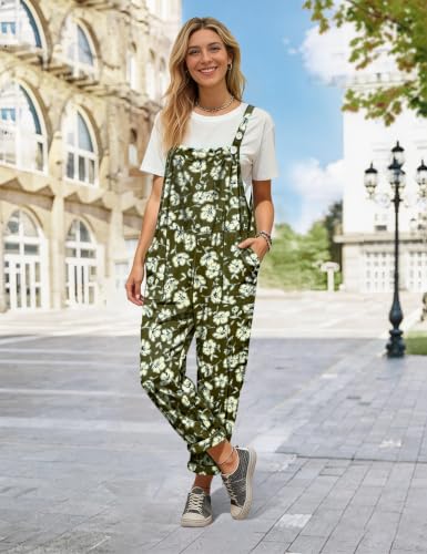 Image of YESNO Women's Overalls Cotton Boho Casual Floral Bib Jumpsuit Baggy Adjustable Strap Romper with Pockets PVV