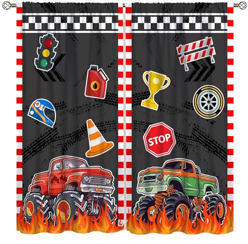 AAVEUP Kids Truck Curtains,Car Race Flag Red Flame Cartoon Monster Truck Trophy Tire Track Window Treatments Rod Pocket Drapes for Kids Boys Nursery Living Room Bedroom 42x45in?No Blackout?