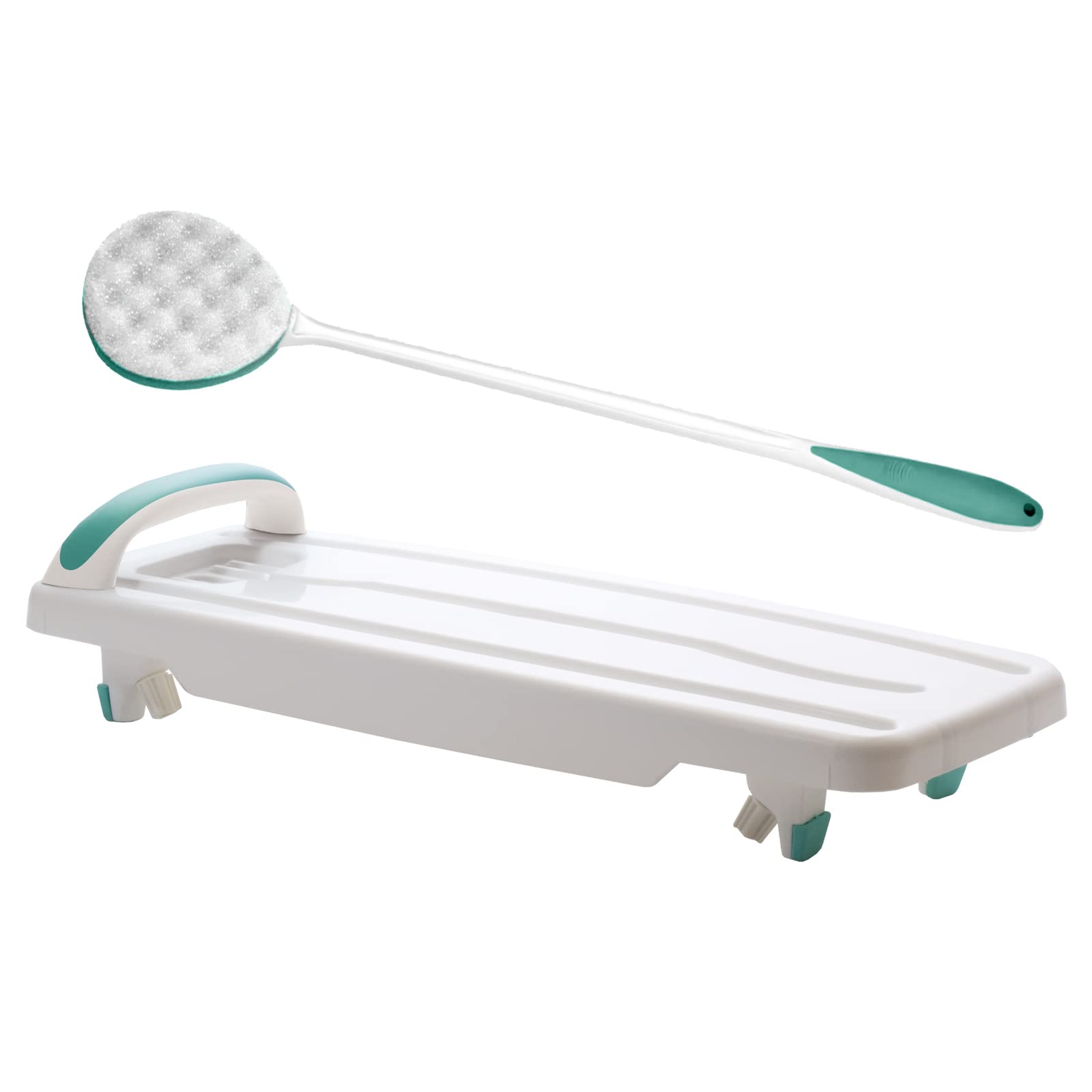 The Helping Hand Company White & Aqua Bathing Aid Two Pack Helping Hand Kingfisher White Plastic Bath Board With Handle 200Kg/31 Stone Weight Limit & Long Handled Exfoliating Bath Sponge For Elderly, Disabled, Bathroom Accessory