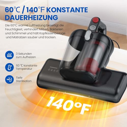 YUFAC Milbensauger für matratzen, 16Kpa Matratzenreiniger Bettstaubsauger mit UV-Licht HEPA-Filter Heißluftfunktion Staubmilben-Sensor Ultraschall, 600W Handstaubsauger für Bed Sofa (Schwarz)