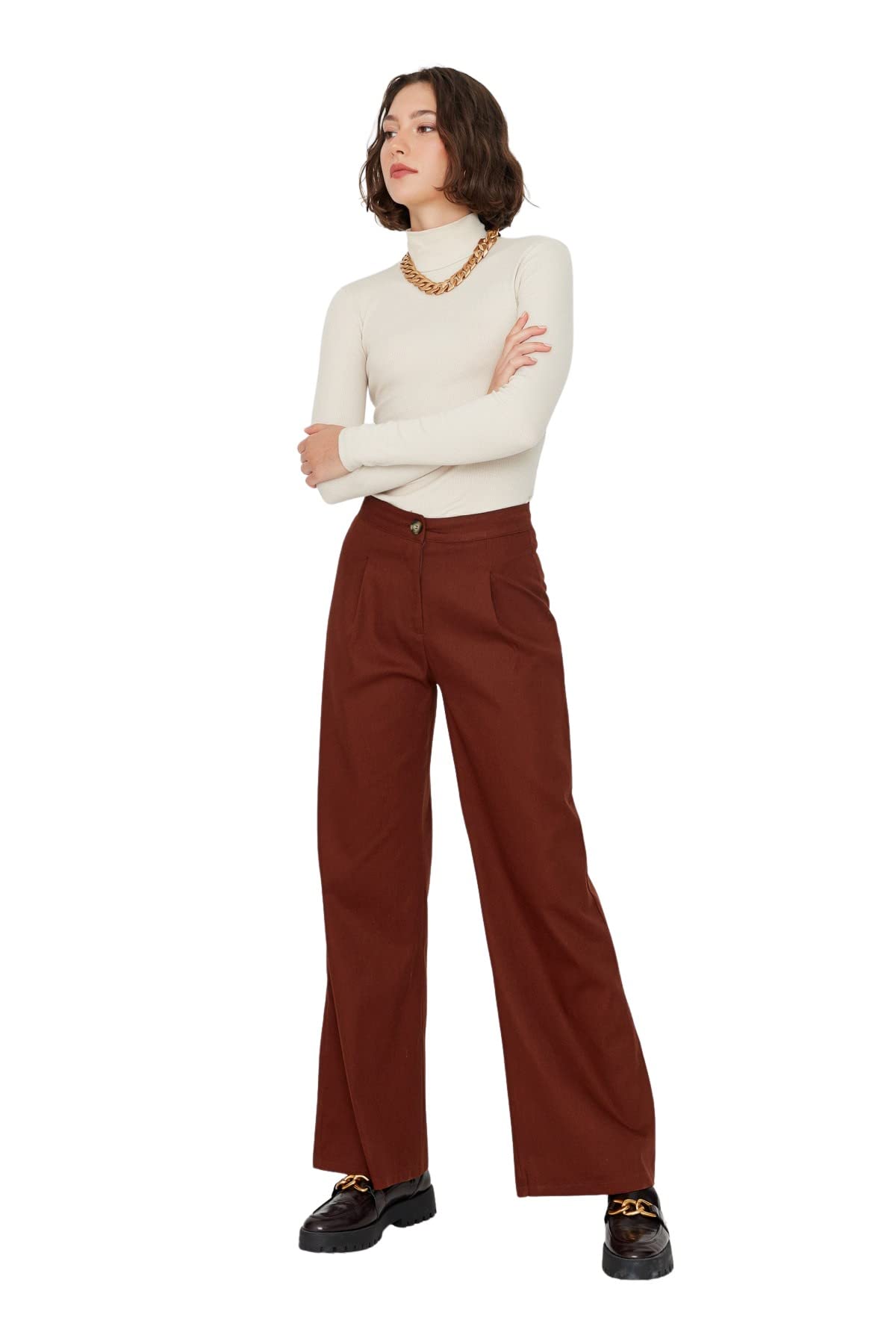 Trendyol Damen Braun Man High Waist Wide Leg Pants, 34