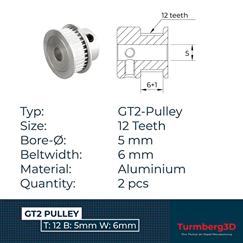 Turmberg3D - 2x GT2 Zahnriemenräder/Pulley Antrieb - 12 Zähne - Bohrung-Ø: 5mm - Riemen-Breite: 6mm (GT2-6 · 12T · Ø5)