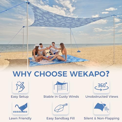 Image of WEKAPO Beach Tent Sun Shelter - Easy Setup Beach Canopy with 4 Sturdy Poles, Extra Large Sandbags and Shovel, 7'8'' Tall, Windproof Sun Shade for Backyard and Camping, UPF 50+ Protection