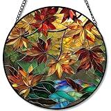 Autumn Leaves Stained Glass Window Hanging Panel β Nature Fall Suncatcher Wall Art for Home Window Decor and Gift