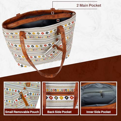 Image of Storite Women's Tote Bag with Leather Handles & Embroidery Printed Handbag with Zip Pockets, Shoulder Tote Bag and Handbag for Office and College
