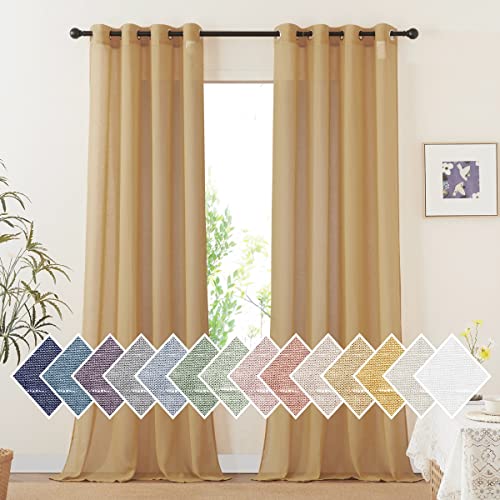 NICETOWN Sheer Linen Bedroom Curtains 96 inch Long, Grommet Privacy Semi Light Filtering Faux Flax Sheer Window Drapes for Living Room, Desert Yellow, W52 x L96, 1 Pair