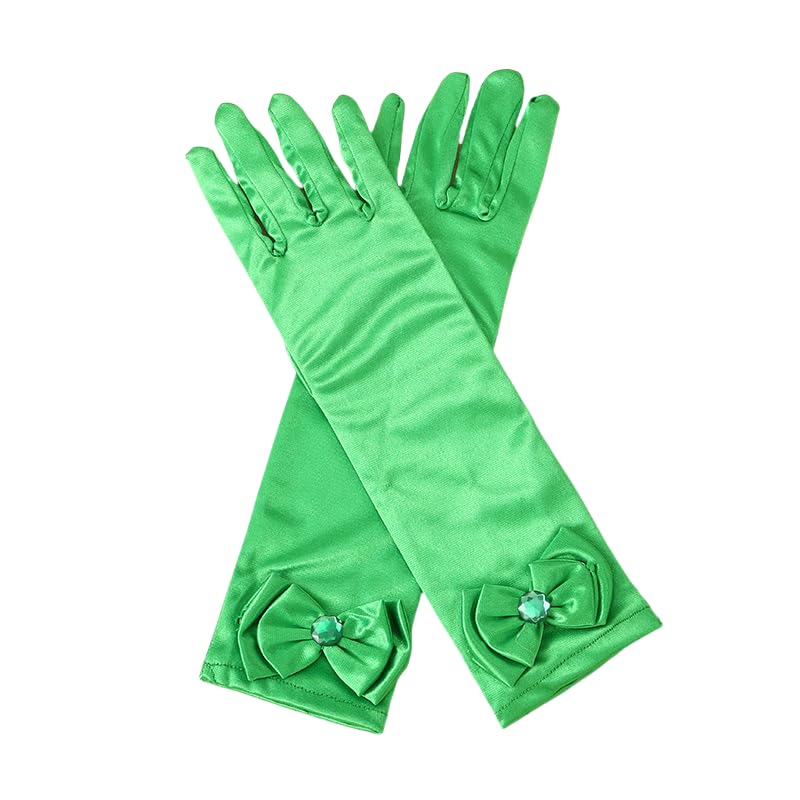 Girls Princess Gloves,Girl White Long Satin Princess Dress Up Diamonds Bows Gloves for Birthday,Wedding, Costume Party,Green