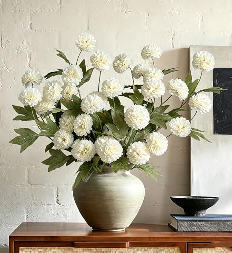 Image of 6PCS Cream Mums Long Stem Faux Fall Flowers Realistic Artificial Fall Flowers Indoor 25.5 inch Faux Silk Mums Flower Stems for Vases Flowers Artificial for Decoration Farmhouse Home Decor