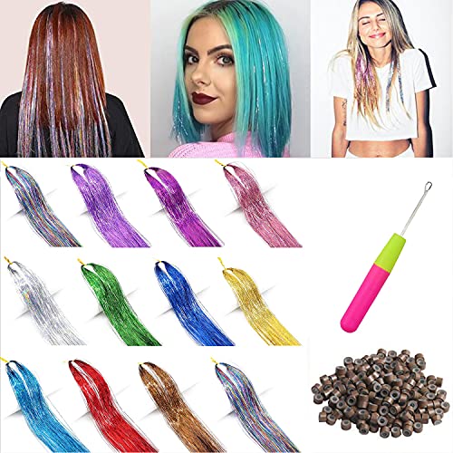 46 Inch Hair Tinsel Strands Kit with Tools 12 Colors 3000 Strands Fairy Hair Tinsel Kit on Sparkling Shiny Hair Tinsel Extensions Colored Party Highlights Glitter Hair Extensions Multi-Colors Hair Tinsel Kit