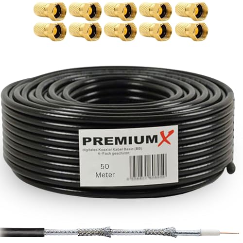 Premium X 50m DELUXE PRO Koaxial Kabel Schwarz 135dB 5-Fach geschirmt reines Kupfer SAT Antennenkabel 10x F-Stecker