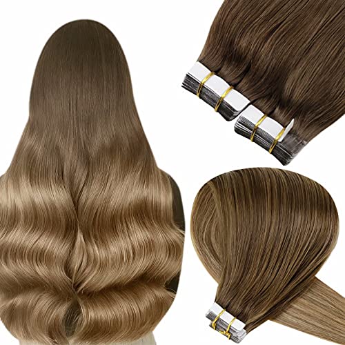 LaaVoo Tape in Hair Extensions Brown Human Hair Tape in Extensions Balayage Light Brown to Caramel Brown and Honey Blonde Natural Hair Extensions Tape in Hair Brown Straight Seamless 50g 20pcs 14"